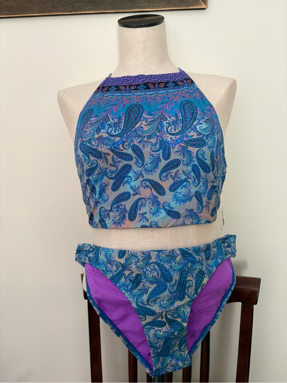 High-Neck Blue Paisley Two-Piece Swimsuit